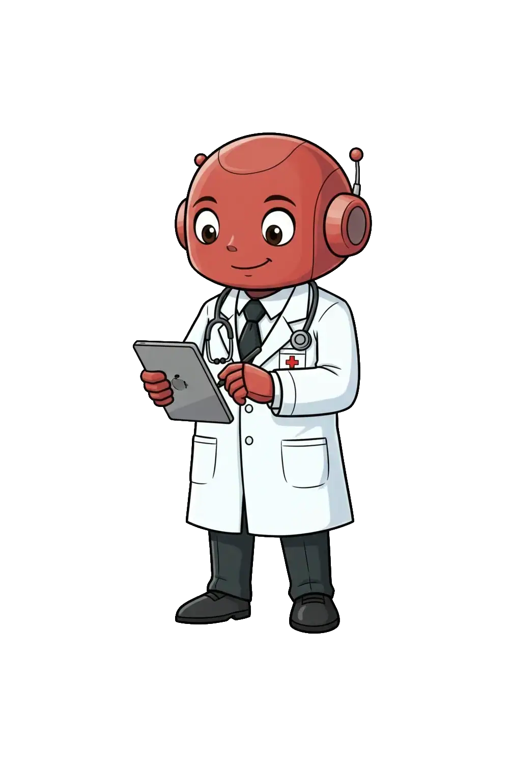 Robot médecin en costume blanc avec stéthoscope utilisant une tablette pour une formation éducative sur les risques de l'IA.