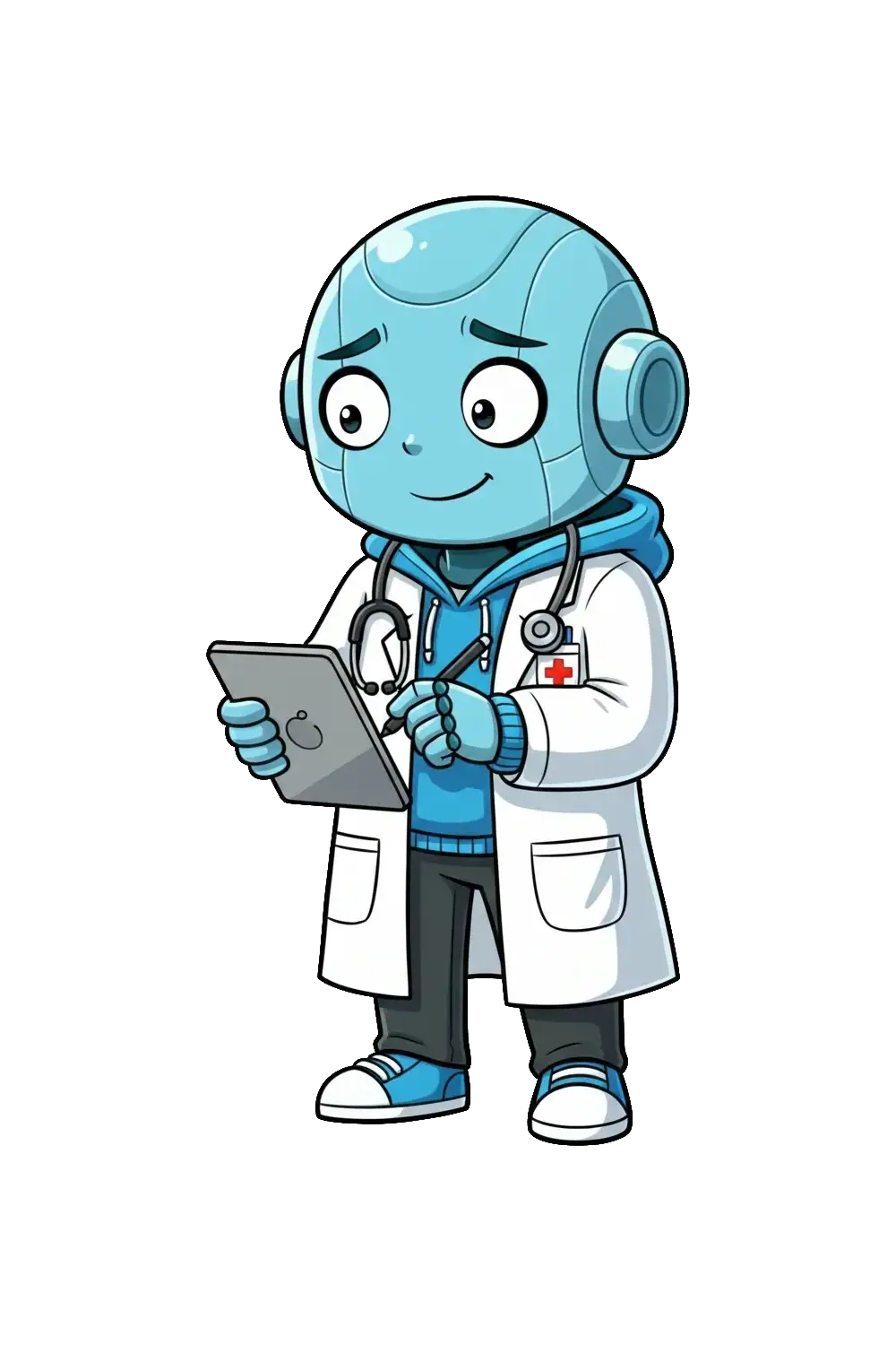 Robot lycéen médecin avec tablette, illustrant les remèdes pour un meilleur usage de l'intelligence artificielle.