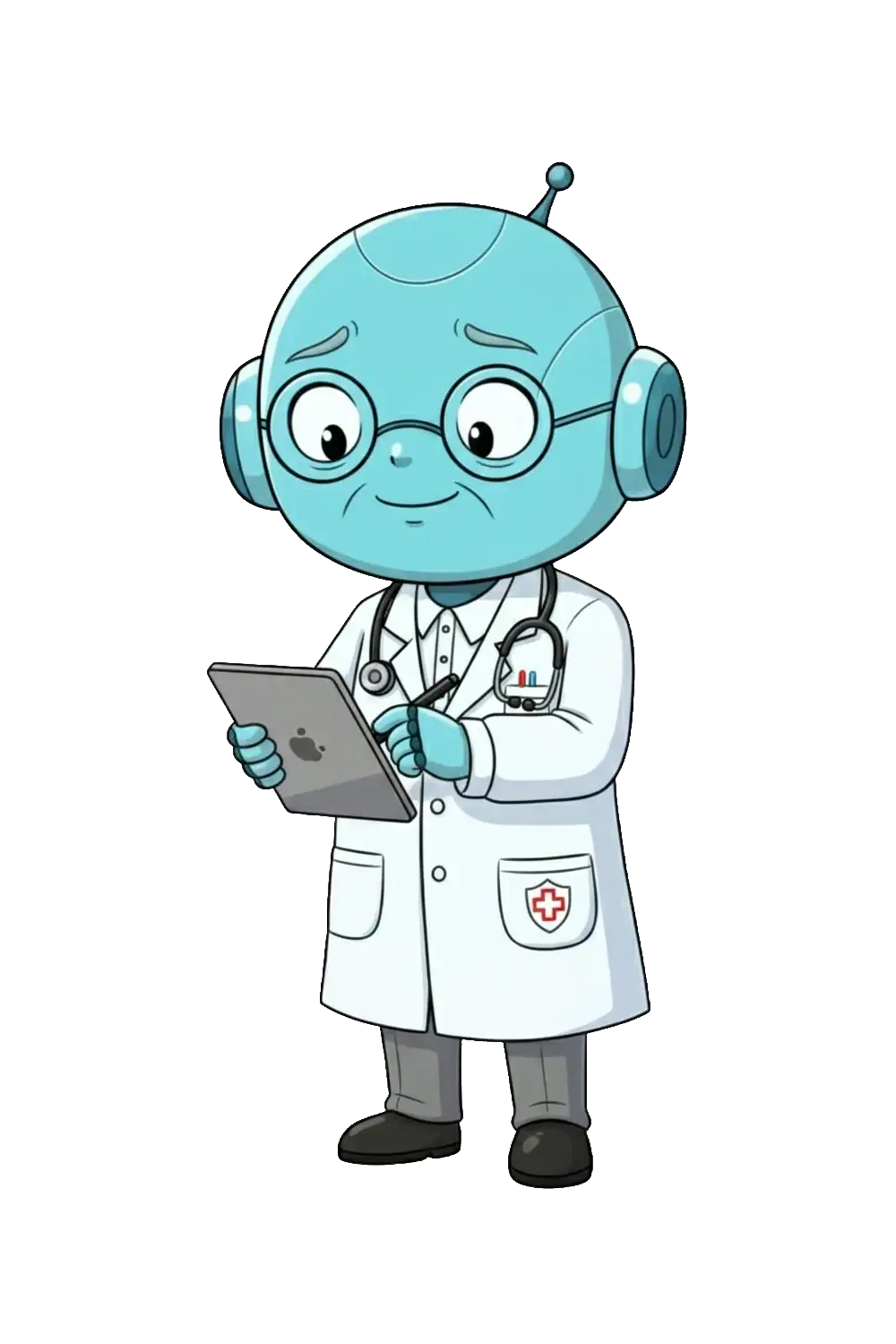 Robot senior médecin préoccupé par les risques liés à l'IA, portant une blouse blanche et un stéthoscope.