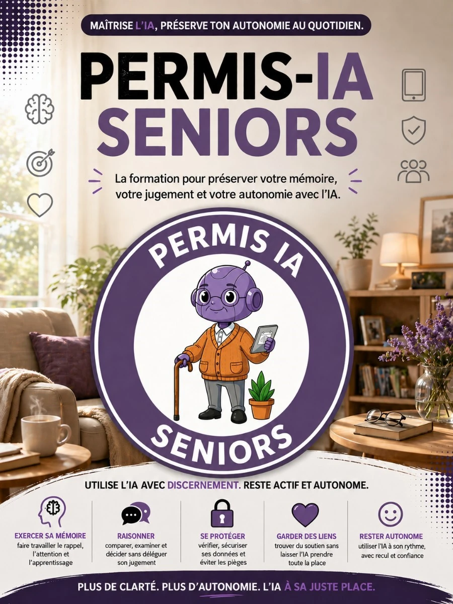 Couverture de Permis-IA Seniors avec la mascotte violette et les thèmes mémoire, jugement et autonomie.