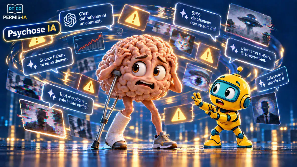 Personnage de cerveau anthropomorphe avec un robot dans un environnement numérique.