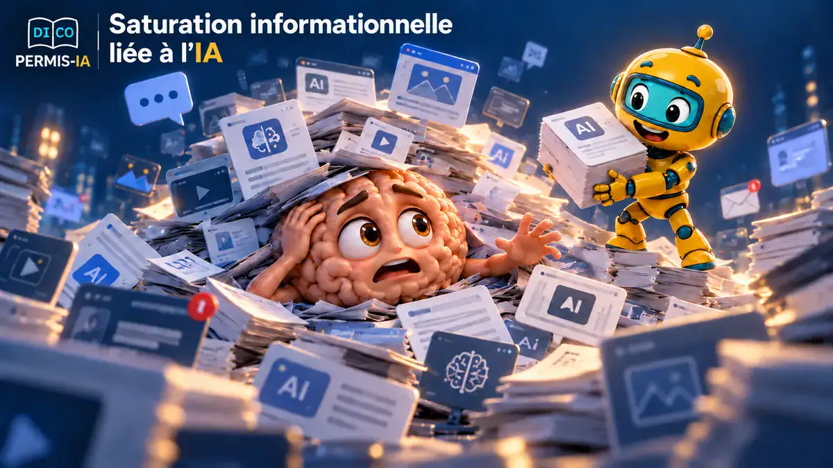 Personnage robot et cerveau entourés de nombreux fichiers liés à l'IA.