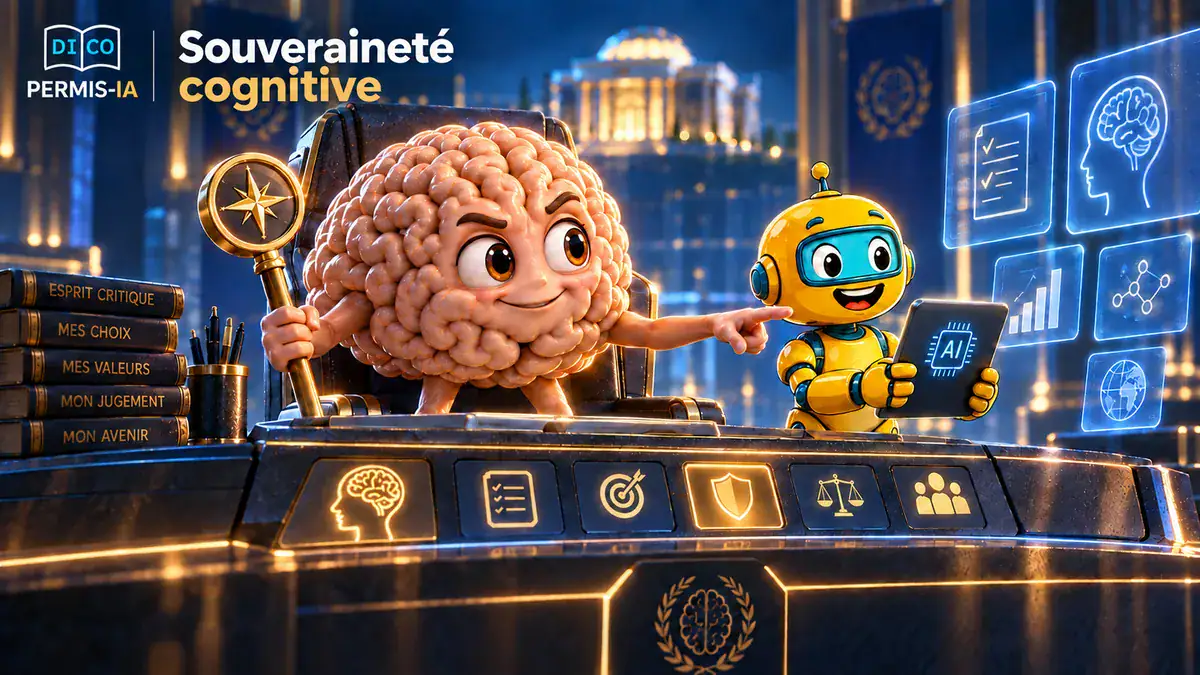 Personnage cerveau avec un robot dans un décor futuriste éducatif.