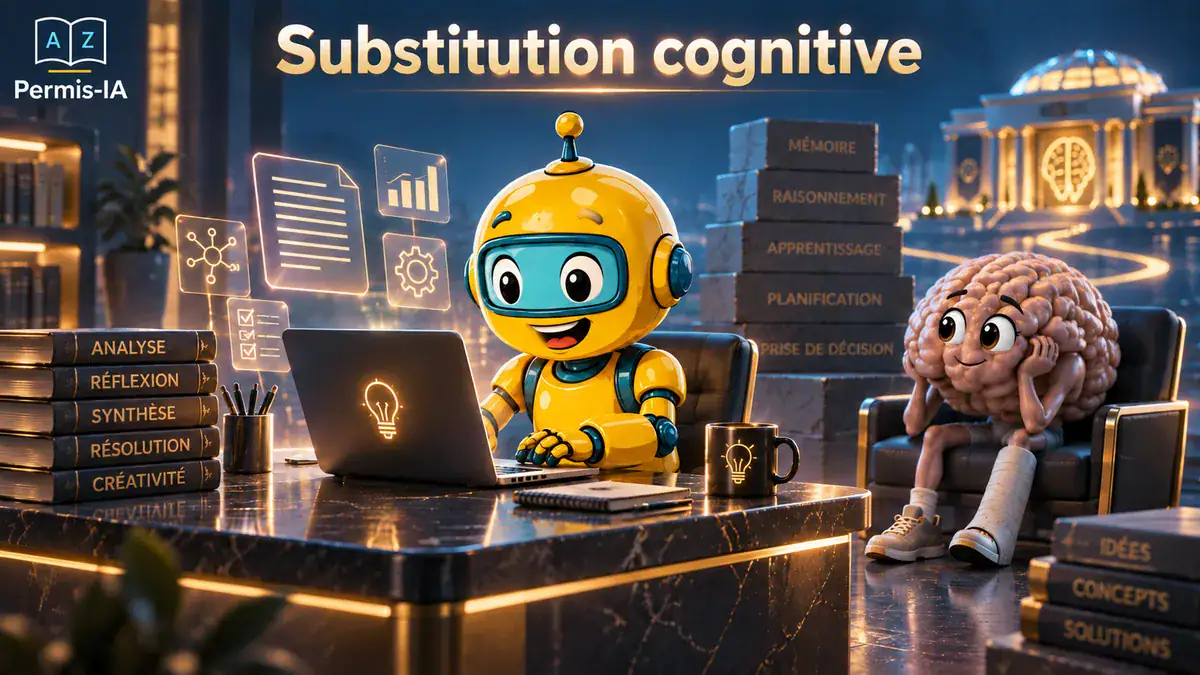 Robot et cerveau en peluche dans un bureau avec écrans et livres sur la cognition.