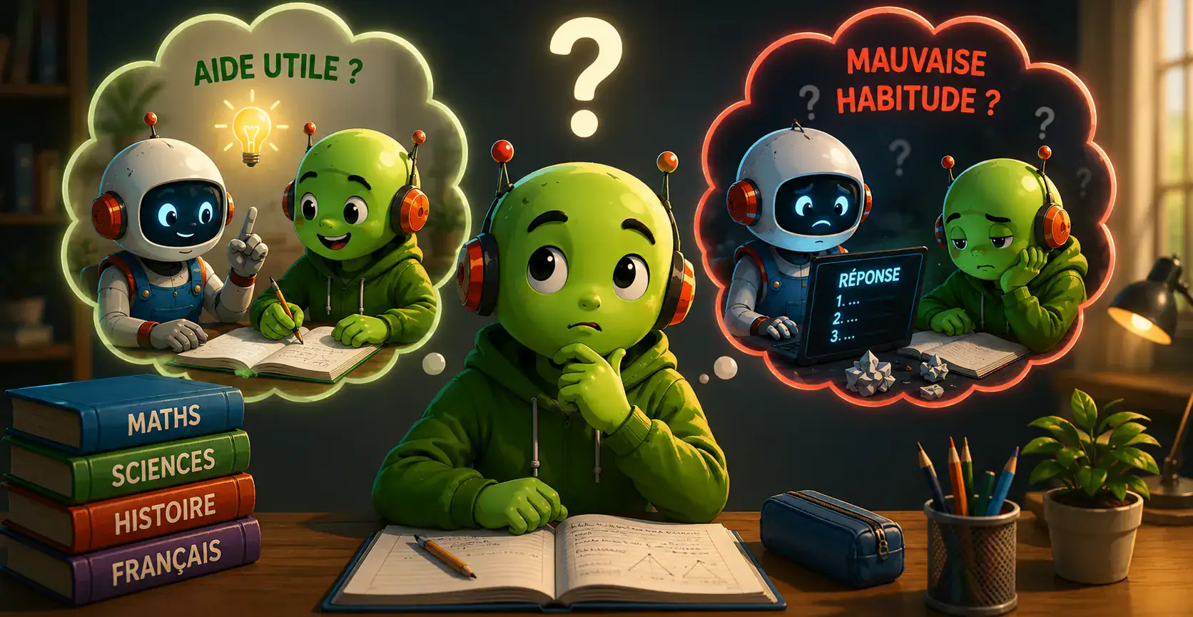 Robots et enfants réfléchissant à l’usage de l’IA pour les devoirs.