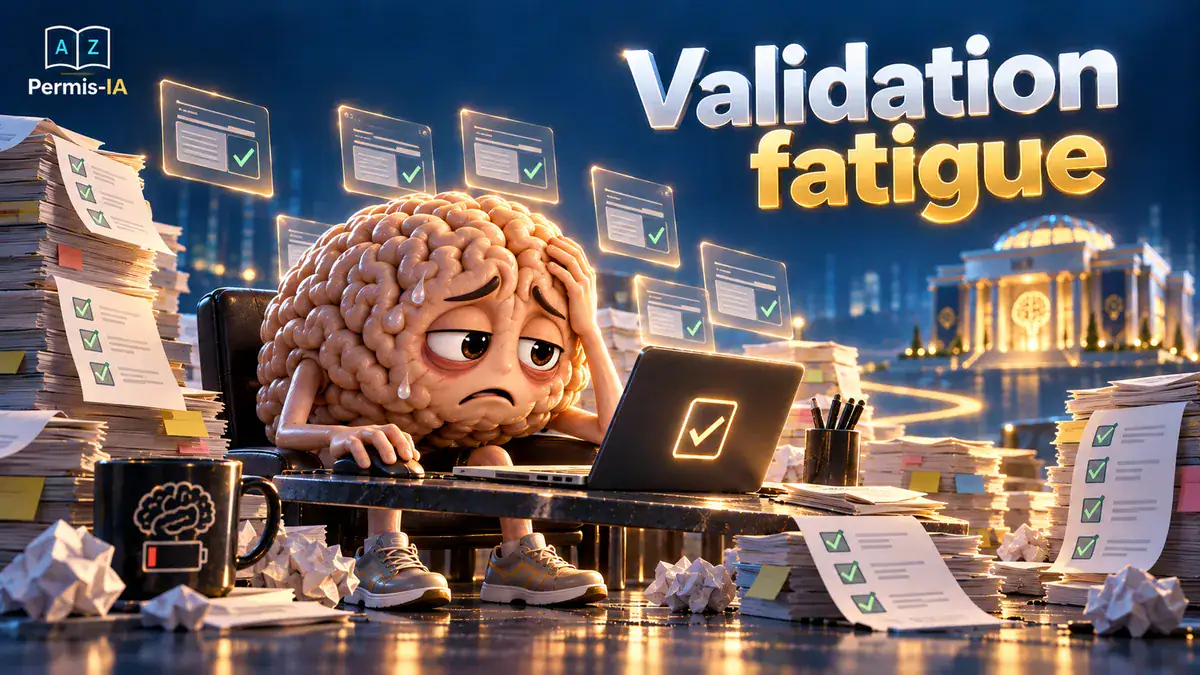 Personnage animé fatigué devant un ordinateur avec beaucoup de papiers.