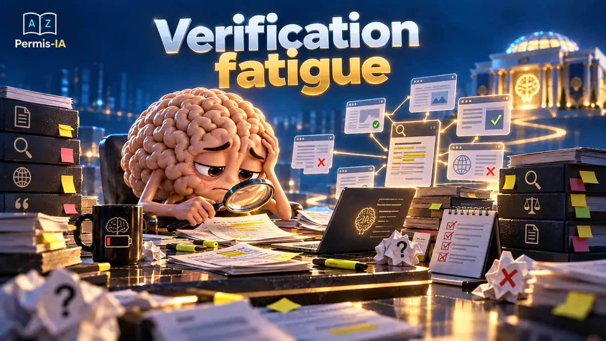 Personnage avec un cerveau en forme de cerveau, entouré de documents et de symboles de vérification.
